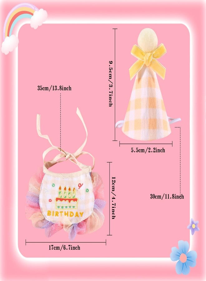 Kunyeah 2Pcs Pet Happy Birthday Hat Scarf Set - Cute Embroidered Cat Bandana Outfit - Cat Plaid Pattern Princess Costumes - Dog Lace Bib - Pet Party Supplies Decoration (Yellow) - Image 3